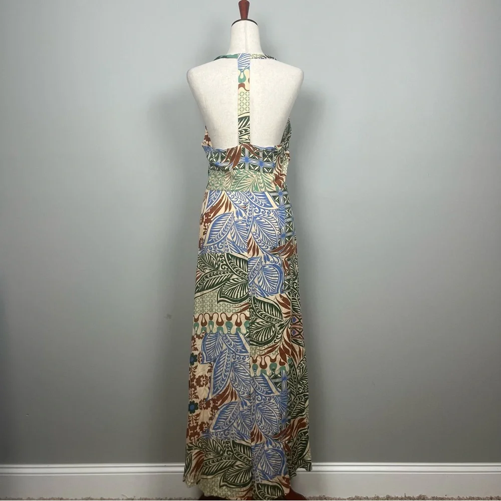 NWT‎ Vince Camuto Green and Brown Patchwork Maxi Dress Halter T Back SZ L
